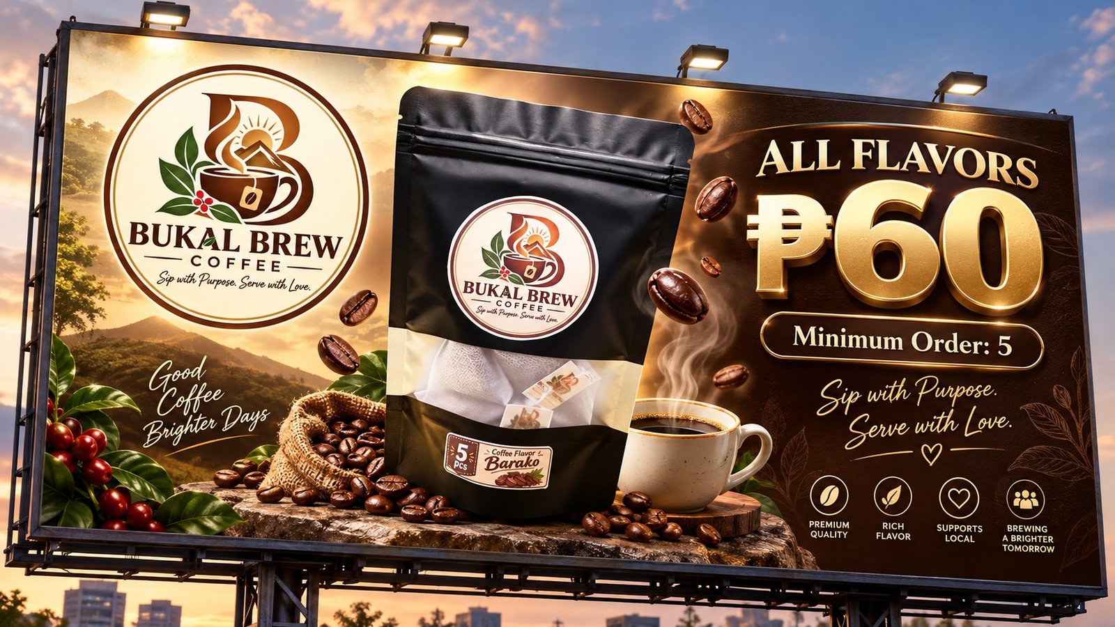 Bukal Brew Coffee billboard: all flavors ₱60, minimum order of 5 packs
